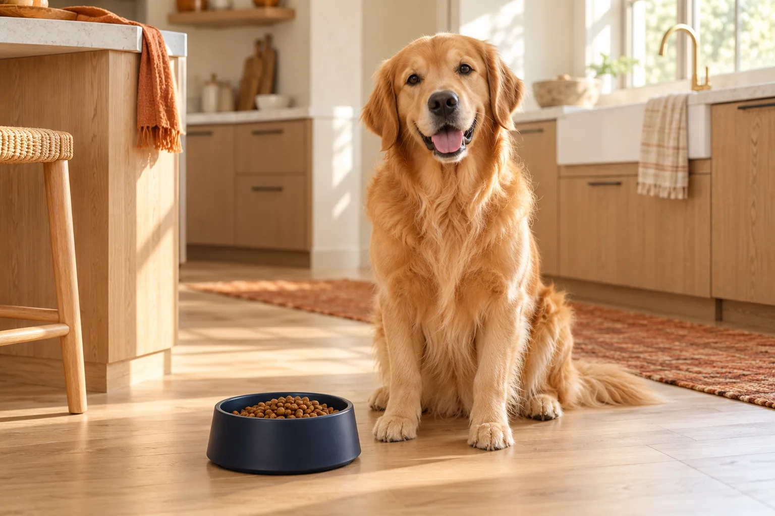 Golden retriever sitting beside a navy bowl of dry dog food in a warm ivory and oak kitchen