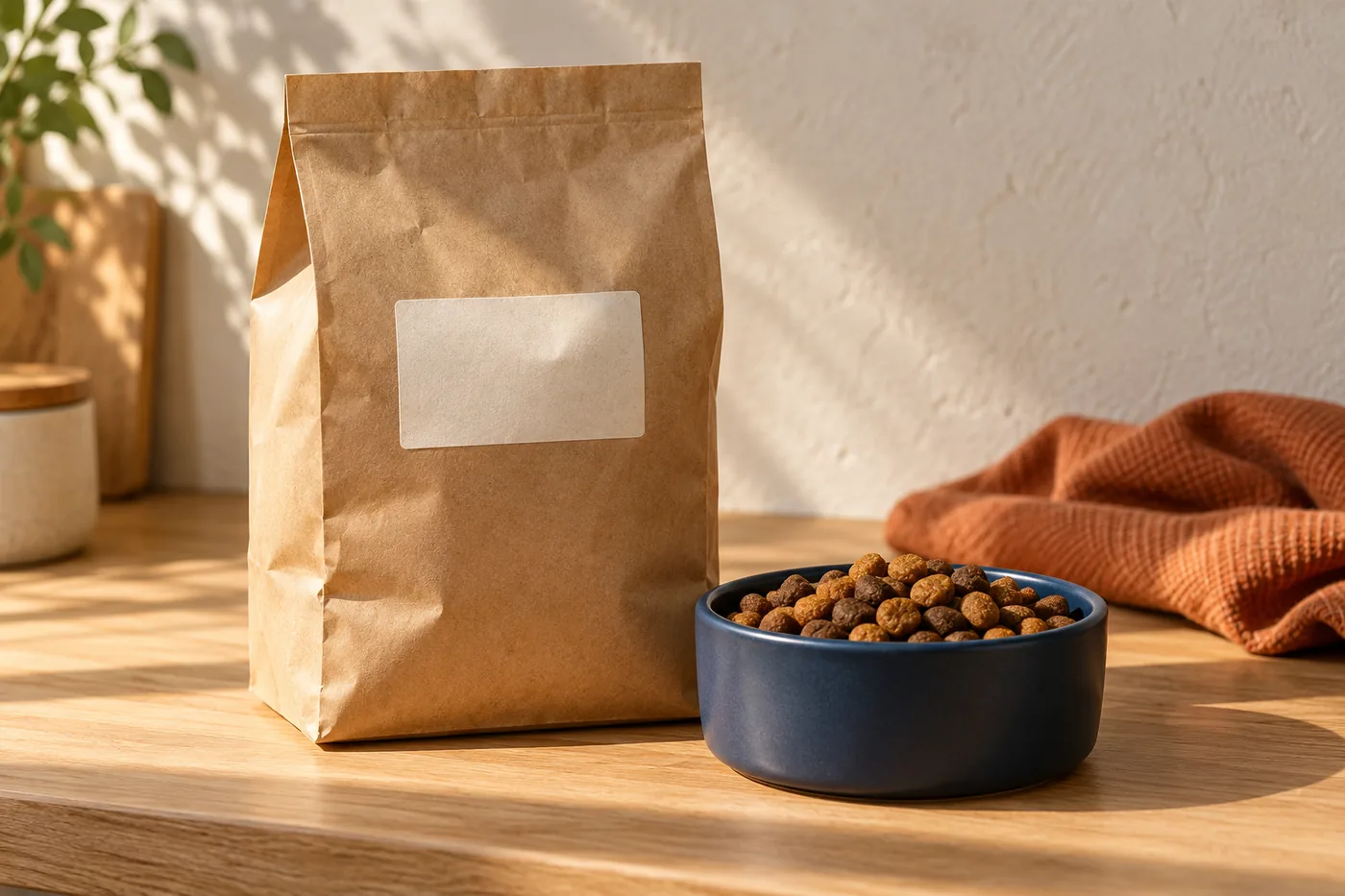 Close-up of a dog food label beside a bowl of kibble on a warm kitchen counter