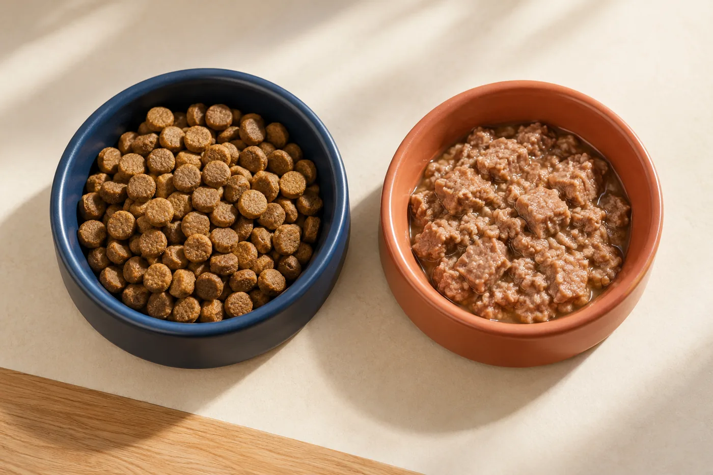 Two dog bowls side by side, one with wet food and one with dry kibble